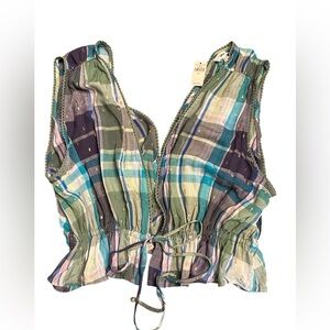 Aerie women Blue Green Plaid Tie Front V Neck Crop Top Plunge Neckline Sz L NWT